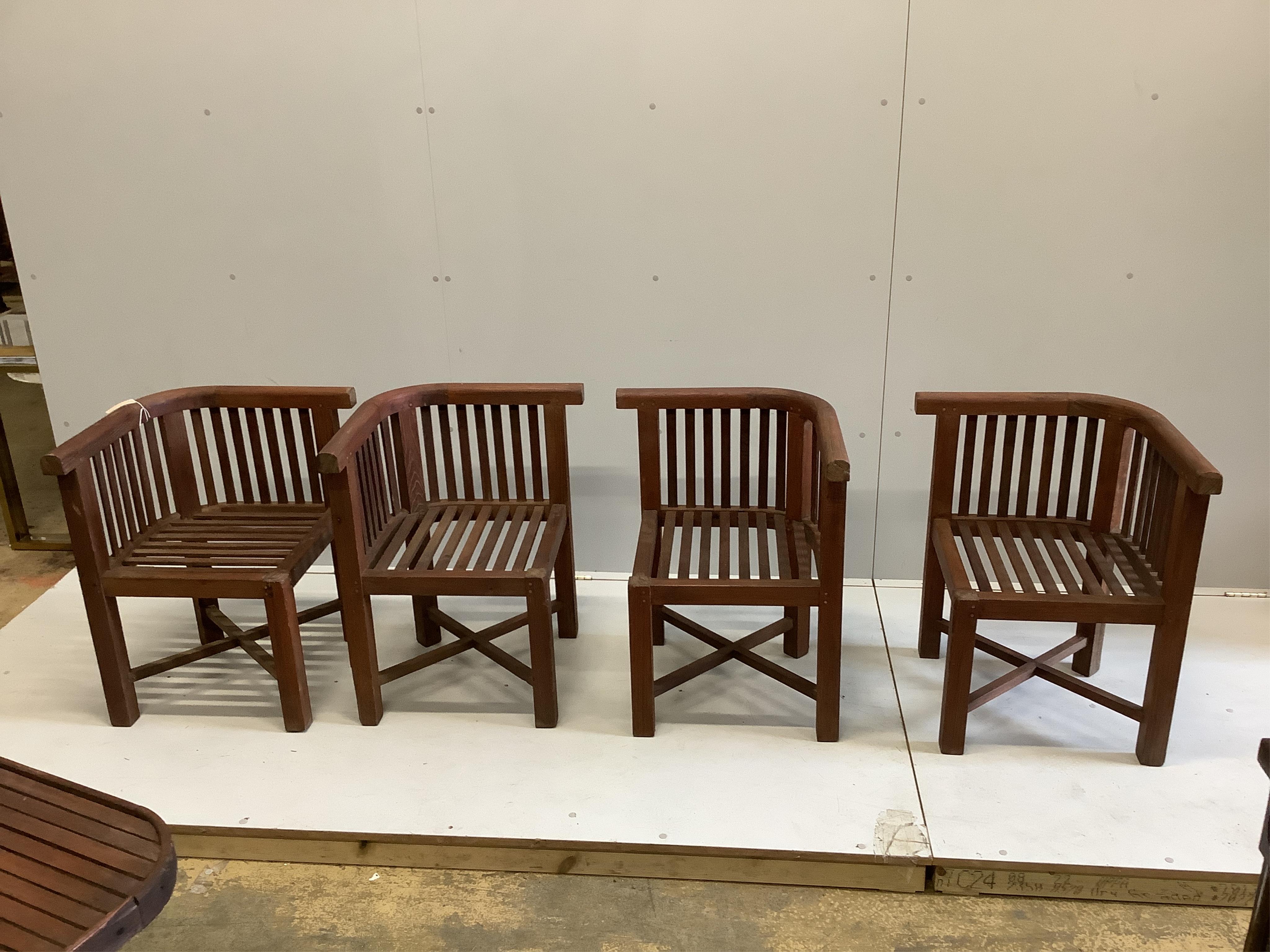 Hughes Bolckow for Heals, a square teak garden table, width 102cm, height 70cm and four chairs